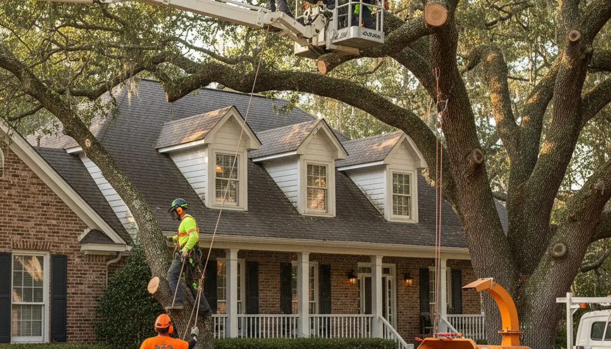 Tree service crew in Charleston, SC trimming and removing trees for residential properties